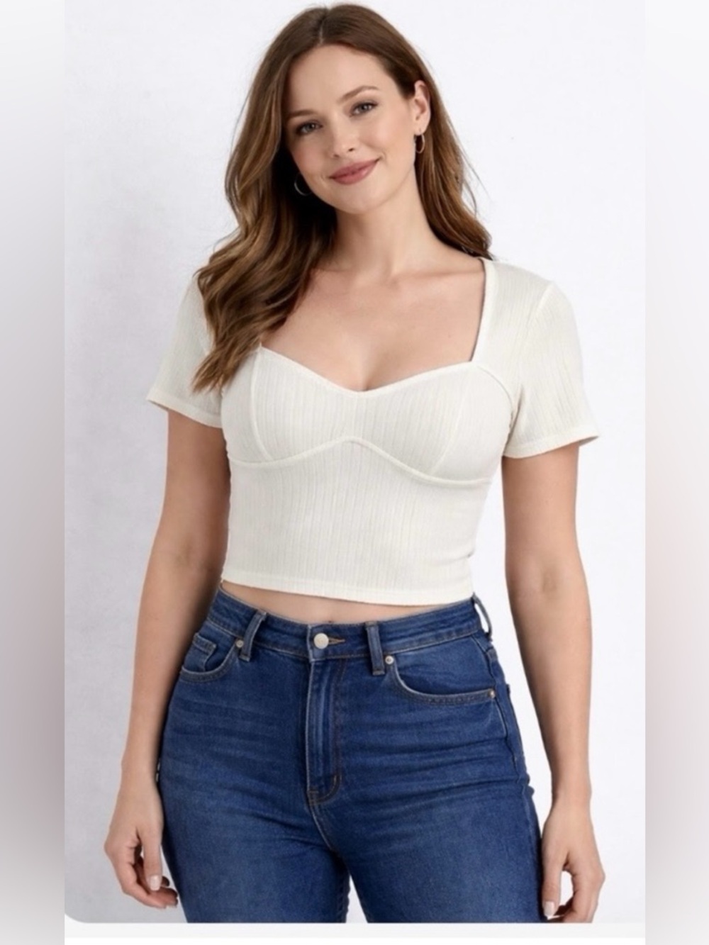 New Mmm Cream Ribbed Fitted Crop Top